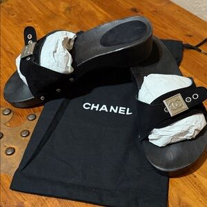 CHANEL Black Sandals with Silver Buckle